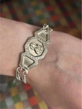 Vintage Sterling Silver Madonna Panel Bracelet 8” Religious 925